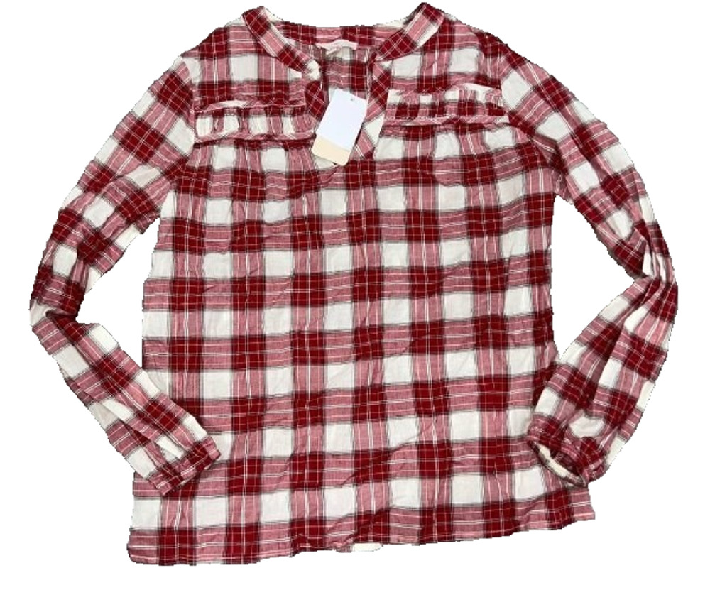 Como Vintage Womens Small cotton Plaid Tie Neck Top Shirt A005844
